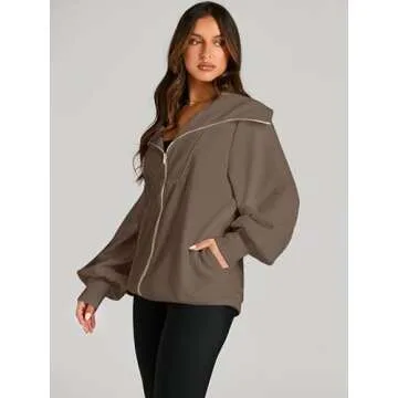 EFAN Womens Oversized Full Zipper Preppy Brown Sweatshirts Fall Jackets for Women Clothing Half Zip western Hoodies School Warm Winter Clothes for Teen Girls, Coffee