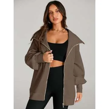 EFAN Womens Oversized Full Zipper Preppy Brown Sweatshirts Fall Jackets for Women Clothing Half Zip western Hoodies School Warm Winter Clothes for Teen Girls, Coffee