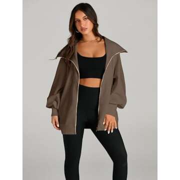 EFAN Womens Oversized Full Zipper Preppy Brown Sweatshirts Fall Jackets for Women Clothing Half Zip western Hoodies School Warm Winter Clothes for Teen Girls, Coffee