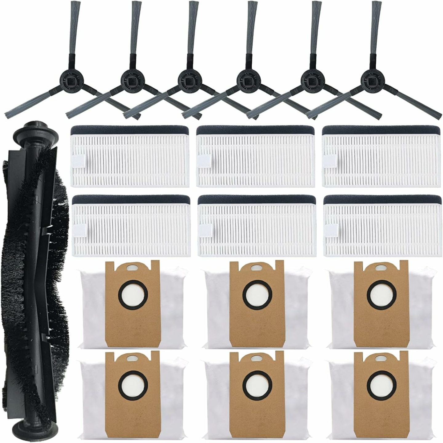 Replacement Parts Kit Compatible with iHome AutoVac Nova S1 Pro Robot Vacuum Cleaner Accessories iHRVS1PRO-3BLK, 1 Main Roller Brush, 6 Side Brushes, 6 Hepa Filters, 6 Dust Bags