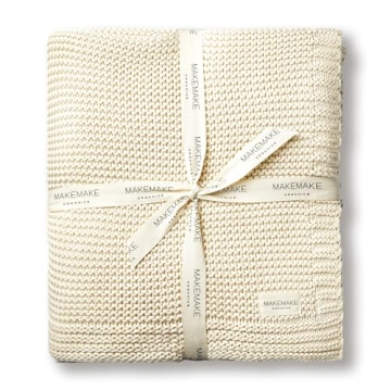 MakeMake Organics Organic Throw Blanket - GOTS Certified Cotton, Chunky Knit Design, Cozy and Soft (...