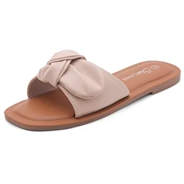Shoe Land Amilie Women's Square Open Toe Slide Slip on Bow Tie Flat Sandals for Summer Nude 7.5