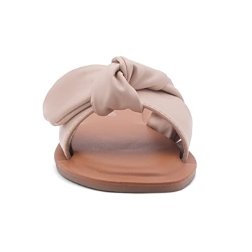 Shoe Land Amilie Women's Square Open Toe Slide Slip on Bow Tie Flat Sandals for Summer Nude 7.5