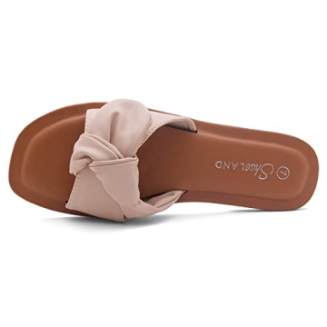 Shoe Land Amilie Women's Square Open Toe Slide Slip on Bow Tie Flat Sandals for Summer Nude 7.5