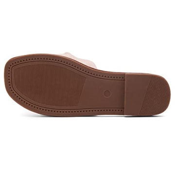 Shoe Land Amilie Women's Square Open Toe Slide Slip on Bow Tie Flat Sandals for Summer Nude 7.5