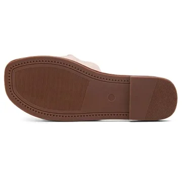 Shoe Land Amilie Women's Square Open Toe Slide Slip on Bow Tie Flat Sandals for Summer Nude 7.5