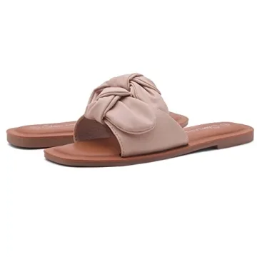 Shoe Land Amilie Women's Square Open Toe Slide Slip on Bow Tie Flat Sandals for Summer Nude 7.5