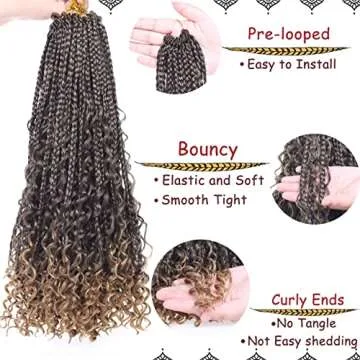 Beverlee 18 Inch Boho Box Braids 8 Packs Goddess Box Braids Bohemian Box Braids Crochet Hair Crochet Box Braids with Curly Ends Pre-looped Synthetic Crochet Hair for Black Women