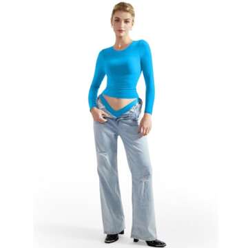 SUUKSESS Women Double Lined Fitted Basic Tee Shirts Crew Neck Long Sleeve Going Out Crop Tops (Royal Blue, S)