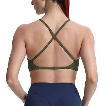 Aoxjox Women's Workout Sports Bras Fitness Backless Padded Sienna Low Impact Bra Yoga Crop Tank Top (Olive Green, Medium)