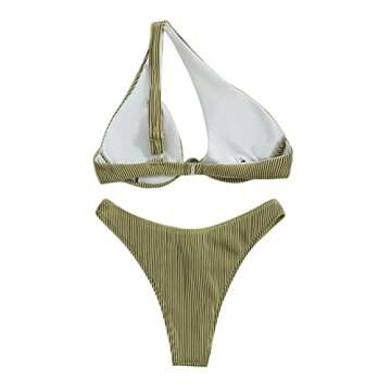 SweatyRocks Women's Ribbed Push Up Bikini Swimsuit One Shoulder Cut Out Bathing Suit Green S