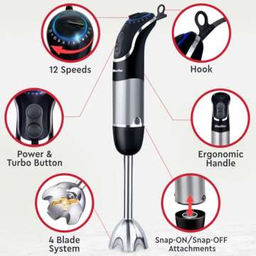 Mueller Multistick 800W 4-in-1 Immersion Blender Handheld, 12 Speed Hand Mixer - Turbo Boost, Heaviest Duty Copper Motor, Titanium Blades Hand Blender, Milk Frother Wand, Whisk, Kitchen Gadgets Black