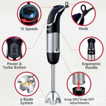 Mueller Multistick 800W 4-in-1 Immersion Blender Handheld, 12 Speed Hand Mixer - Turbo Boost, Heaviest Duty Copper Motor, Titanium Blades Hand Blender, Milk Frother Wand, Whisk, Kitchen Gadgets Black
