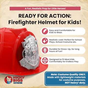 Nicky Bigs Novelties Child Deluxe Firefighter Helmet Fireman Cosplay Thick Plastic Pretend Cosplay C...