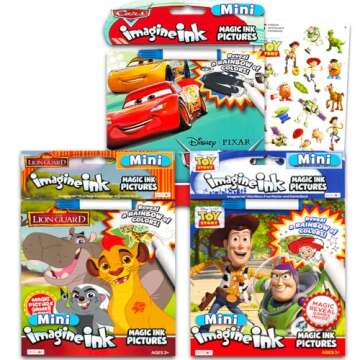Disney Pixar Magic Ink Coloring Book Super Set - 3 Imagine Ink Books Featuring Toy Story, Lion Guard, Disney Cars with Invisible Ink Pens and Stickers