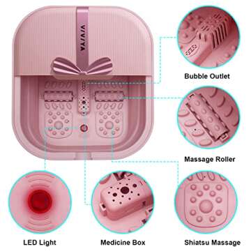 VIVIYA Collapsible Foot Bath Spa with Heat and Massage Rollers, Foldable Foot Soak Tub with Bubbles Jets and LED Light, Pedicure Foot Spa Massager with Foot Scrubber for Home Use (Pink)