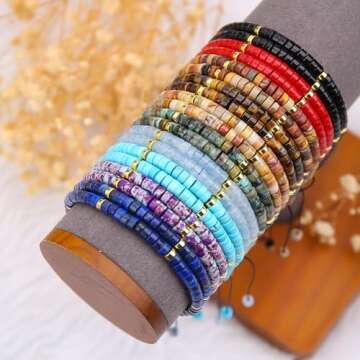 BONNY BOXX 2 * 4MM Braided Genuine Heishi African Turquoise Bracelet, Elegant Handcrafted Natural Heishi Disc Gemstone Crystal Bracelet Healing Energy Inspirational Gifts with Card for Unisex