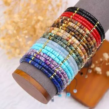 BONNY BOXX 2 * 4MM Braided Genuine Heishi African Turquoise Bracelet, Elegant Handcrafted Natural Heishi Disc Gemstone Crystal Bracelet Healing Energy Inspirational Gifts with Card for Unisex