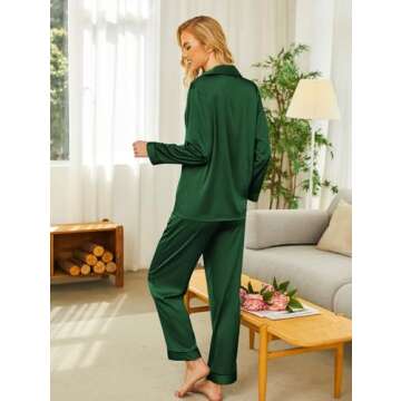Ekouaer Silk Satin Pajamas Women's Long Sleeve Pj Set Soft Button Down 2 Piece Sleepwear Loungewear (Dark Green,M)