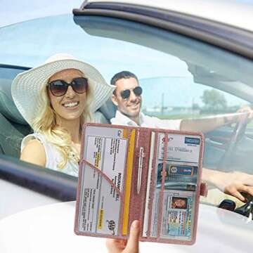 ONEEKK Car Registration and Insurance Holder Leather Vehicle for Card Paper Glove Box Organizer, Auto Compartment Accessories Essential Documents, Glitter Rose
