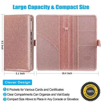 ONEEKK Car Registration and Insurance Holder Leather Vehicle for Card Paper Glove Box Organizer, Auto Compartment Accessories Essential Documents, Glitter Rose