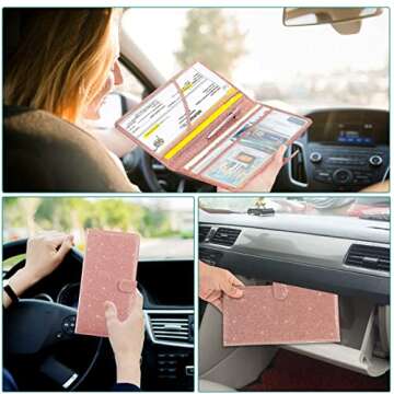 ONEEKK Car Registration and Insurance Holder Leather Vehicle for Card Paper Glove Box Organizer, Auto Compartment Accessories Essential Documents, Glitter Rose