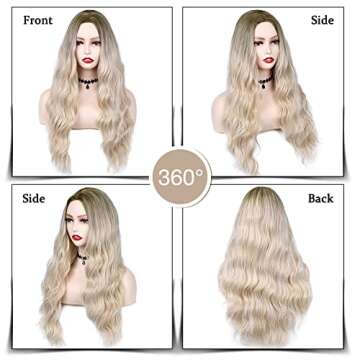 Hanne Fashion Ombre Wig Long Wavy Synthetic Wigs Brown to Ash Blonde Loose Wave Middle Part Daily Wi...