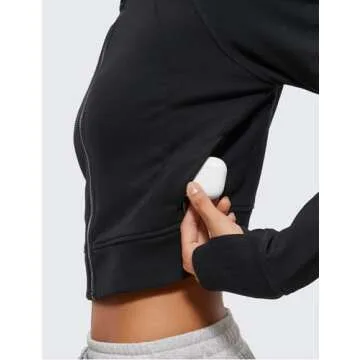 CRZ YOGA Womens Fleece Zip Up Cropped Hoodie Workout Jacket Athletic Casual Long Sleeve Sweatshirts with Thumb Holes Black Small
