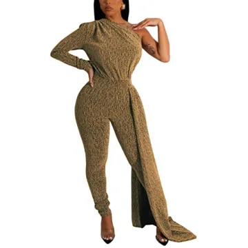Gold Sexy Sparkly One Shoulder Jumpsuit for Women