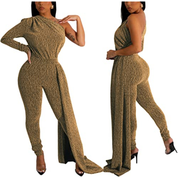 Gold Sexy Sparkly One Shoulder Jumpsuit for Women