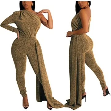 Gold Sexy Sparkly One Shoulder Jumpsuit for Women