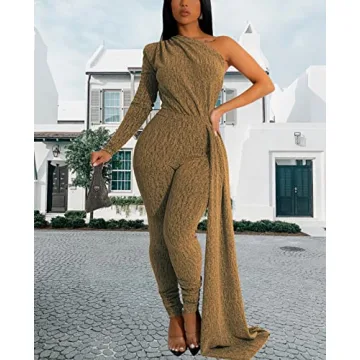 Gold Sexy Sparkly One Shoulder Jumpsuit for Women