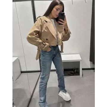 Yimoon Women's Casual Cropped Trench Coat Lapel Long Sleeve Fashion Jacket Outwear with Belt (Khaki-M)