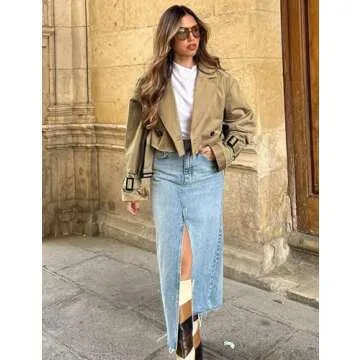 Yimoon Women's Casual Cropped Trench Coat Lapel Long Sleeve Fashion Jacket Outwear with Belt (Khaki-M)