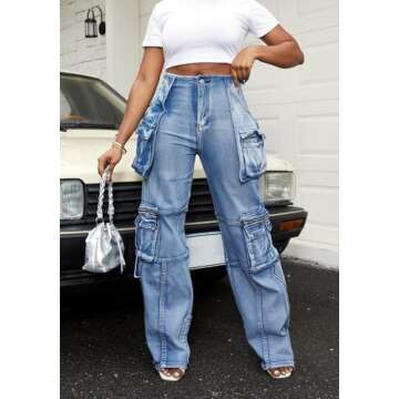 Vaceky Stretch Cargo Jeans Women Straight Leg Side Zipper Slit Y2K Denim Pants with Pockets Blue