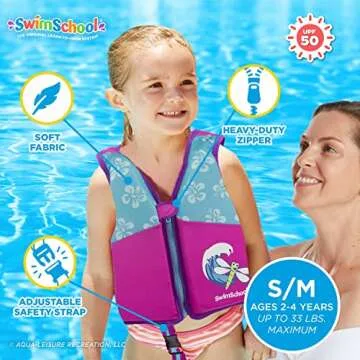 SwimSchool Swim Trainer Vest – Small/Medium Max 33 Pounds – Kids Swim Vest with Padded Shoulders – Comfortable Flex-Form-Fit Design with Adjustable Safety Strap – Pink/Aqua
