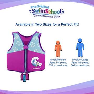 SwimSchool Swim Trainer Vest – Small/Medium Max 33 Pounds – Kids Swim Vest with Padded Shoulders – Comfortable Flex-Form-Fit Design with Adjustable Safety Strap – Pink/Aqua