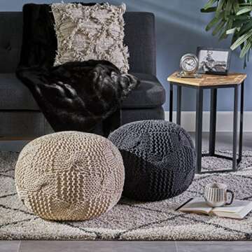 Christopher Knight Home Ansel Knitted Cotton Pouf, Beige