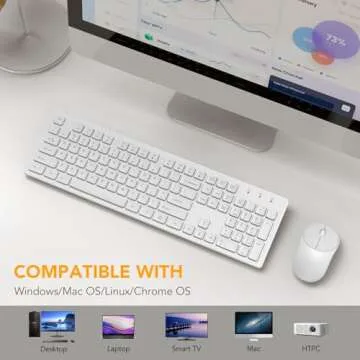 Wireless Keyboard and Mouse, WisFox Full-Size Wireless Mouse and Keyboard Combo, 2.4GHz Silent USB Wireless Keyboard Mouse Combo for PC Desktops Computer (Ivory White)