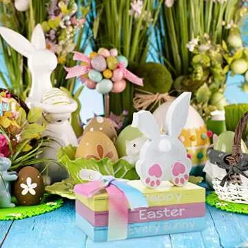 Ferraycle 4 Pcs Easter Table Decor Wooden Sign Happy Easter Farmhouse Wooden Block Decorative Book Tiered Tray Easter Decor Rustic Spring Decoration for Fireplace Living Room(Tail Style)