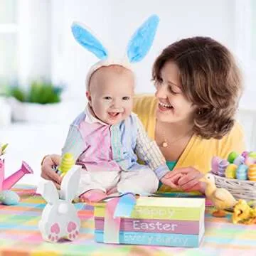 Ferraycle 4 Pcs Easter Table Decor Wooden Sign Happy Easter Farmhouse Wooden Block Decorative Book Tiered Tray Easter Decor Rustic Spring Decoration for Fireplace Living Room(Tail Style)