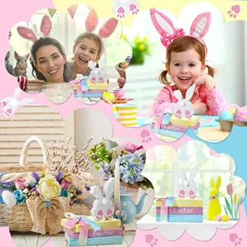 Ferraycle 4 Pcs Easter Table Decor Wooden Sign Happy Easter Farmhouse Wooden Block Decorative Book Tiered Tray Easter Decor Rustic Spring Decoration for Fireplace Living Room(Tail Style)