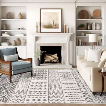 Art&Tuft 6x9 Area Rug, Super Soft Ultra-Thin Moroccan Washable Rug, Anti-Slip Backing Rugs for Living Room, Foldable Geometric Machine Washable Area Rug(6'x9', Black)