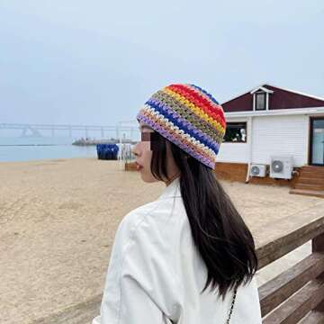 Knitted Bucket Hat for Women Foldable Wide Brim Crochet Hat Floral Pattern Handmade Fisherman Cap Beach Sun Hat (04-Stripes Purple, One Size)