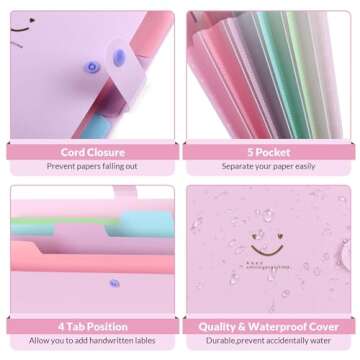 SKYDUE Expanding File Folder with 5 Pockets, Cute Accordion File Organizer, Letter Size Filing Folder, Portable Paper Receipt Organizer, School Office Supplies Purple