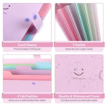 SKYDUE Expanding File Folder with 5 Pockets, Cute Accordion File Organizer, Letter Size Filing Folder, Portable Paper Receipt Organizer, School Office Supplies Purple