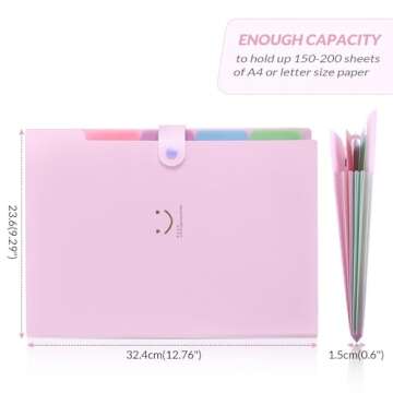 SKYDUE Expanding File Folder with 5 Pockets, Cute Accordion File Organizer, Letter Size Filing Folder, Portable Paper Receipt Organizer, School Office Supplies Purple