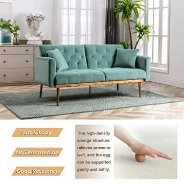 Antetek Velvet Futon Sofa Bed with 3 Adjustable Positions, Small Sleeper Sofa Loveseat with 2 Decorative Pillows, Modern Upholstered Convertible Couch with 5 Metal Tapered Legs (Mint Green)
