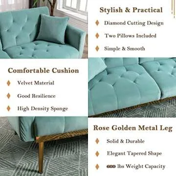 Antetek Velvet Futon Sofa Bed with 3 Adjustable Positions, Small Sleeper Sofa Loveseat with 2 Decorative Pillows, Modern Upholstered Convertible Couch with 5 Metal Tapered Legs (Mint Green)