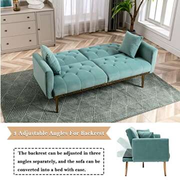 Antetek Velvet Futon Sofa Bed with 3 Adjustable Positions, Small Sleeper Sofa Loveseat with 2 Decorative Pillows, Modern Upholstered Convertible Couch with 5 Metal Tapered Legs (Mint Green)